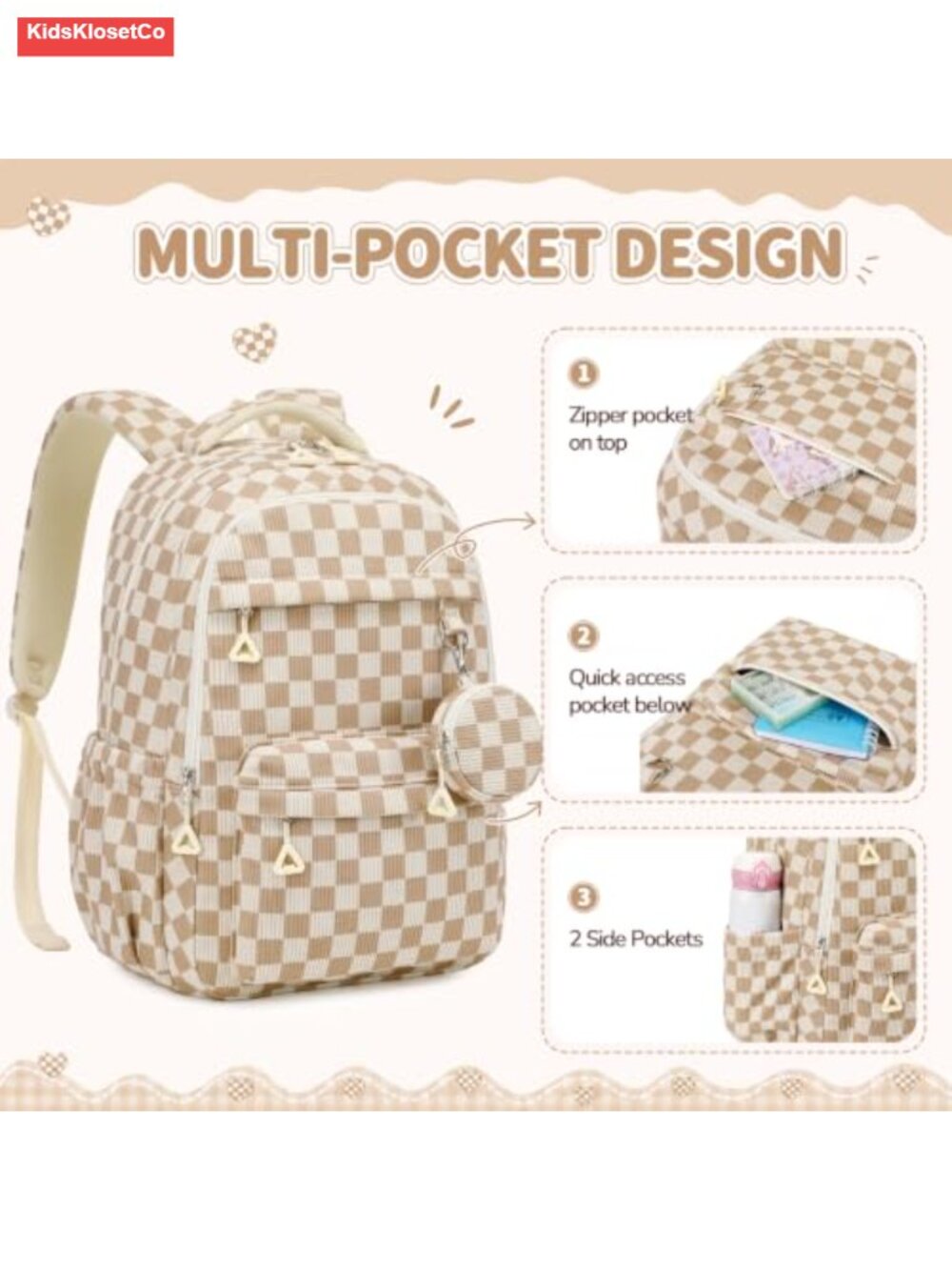 Corduroy Girls Backpack with Coin Purse, Lightweight School Laptop Daypack - Picture 3 of 5